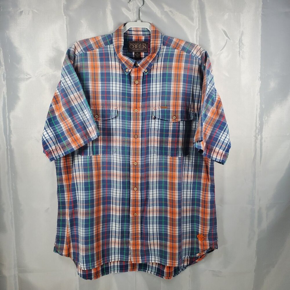 Madison Creek Outfitter Button Up Short Sleeve Plaid Shirt Orange Blue Men Sz XL